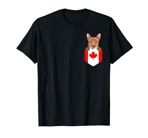 Canada Flag Basenji Dog In Pocket T-Shirt, Black