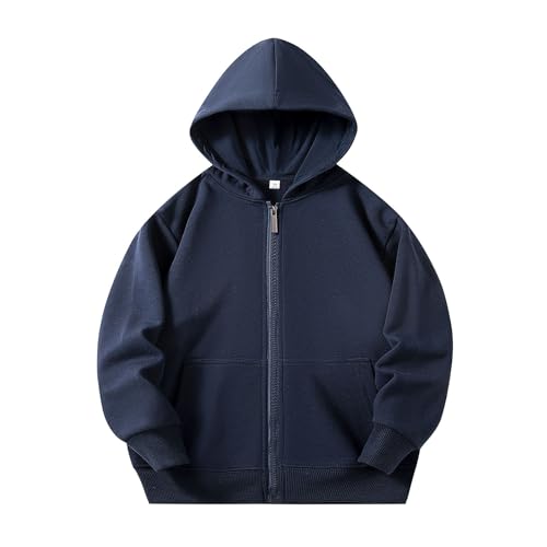 Hotfiary Kids Zip Up Hoodie Boys Girls Cotton Hooded Sweatshirt with Pockets Plain School Uniform PE Kit Jacket for Children Ages 2-12 Navy Blue