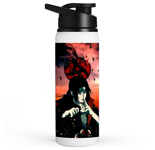 Image of Anime sipper water bottle with Itachi Print for boy and girl Use school, gym, tuition, travling, yoga | aluminium sublimation sipper bottle 750ml black cap (Itachi Uchiha-3)