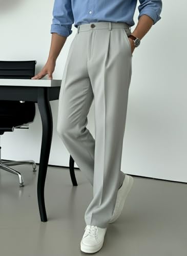 Image of INDICLUB Men's Pleated Dress Trousers, High Waist, Straight Leg, Business Casual Pants