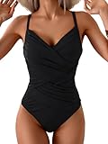 B2prity One Piece Swimsuit Tummy Control Criss Cross Bathing Suit Slimming Ruched Swim Suit Push Up V Neck Swimwear Black