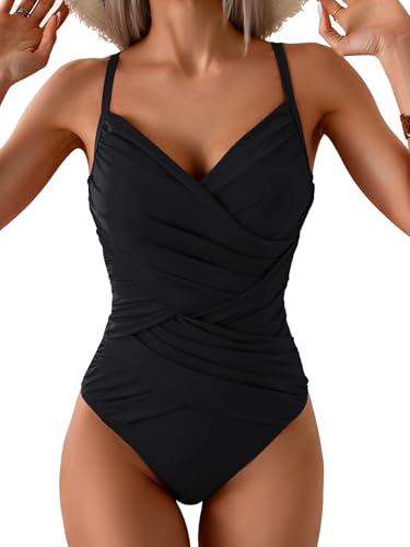 B2prity One Piece Swimsuit Tummy Control Criss Cross Bathing Suit Slimming Ruched Swim Suit Push Up V Neck Swimwear