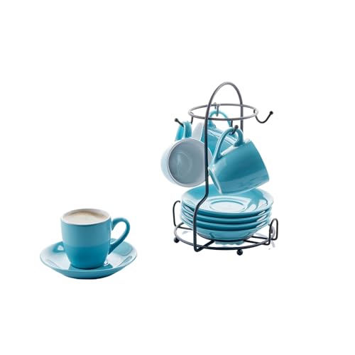 IMUSA USA 8pc 3oz Blue and White Espresso Cups & Saucers Set w/Storing Rack, 8pc, Teal