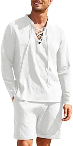 COOFANDY Mens 2 Piece Cotton Linen Set Beach Outfit Hippie Shirt And Short Medieval Long Sleeve Casual Yoga Set