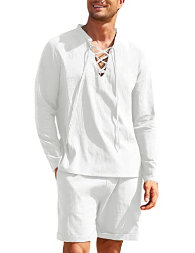 Coofandy Mens 2 Piece Cotton Linen Set Beach Outfit Hippie Shirt And Short Medieval Long Sleeve Casual Yoga Set #TOP3