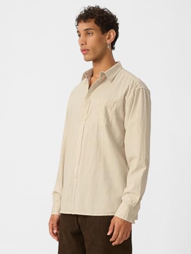 Image of The Souled Store Solids : Ecru Beige Men and Boys Collared Neck Long Sleeve Button Front Regular Fit Cotton Linen Shirt