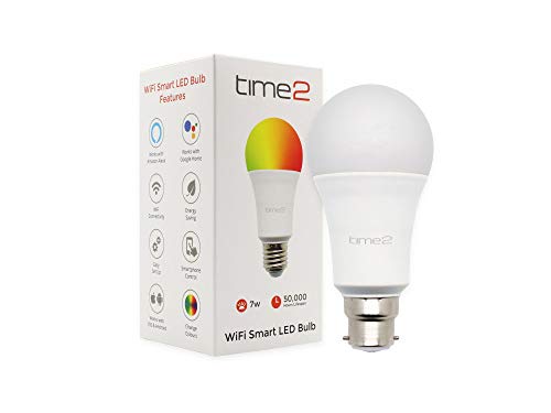 Time2 Ella WiFi Smart Light Bulb, B22 Bayonet Smart LED Bulb, Colour Changing, Dimmable, Brightness Control, Timer & Schedule, Works with Amazon Alexa & Google Home, No hub Required