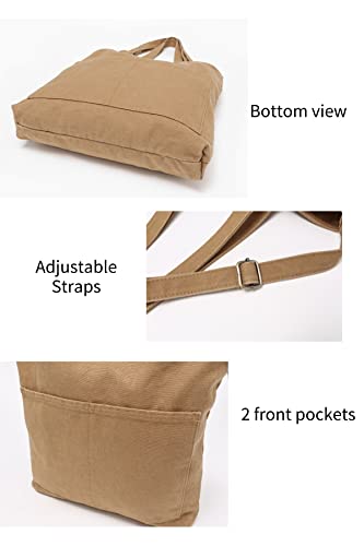 Image of Jeelow 16oz Washed Canvas Tote Bag, Heavy Duty Shoulder Crossbody Handbag, 2 Front Pockets and Snap Closure for Men and Women