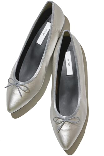 [VIRINA] バレエシューズ レディース 日本製 ポインテッドトゥ 1cm ヒール 晴雨兼用 2E 通勤 カジュアル 低反発 マタニティ パンプス ポーチ付 メタリックシルバー 24cmのサムネイル