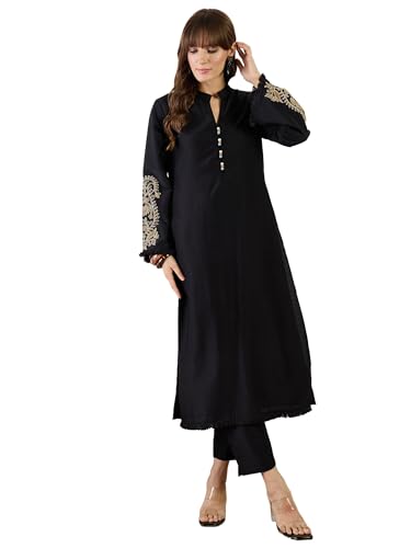 Image of INDO ERA Women's Red Embroidered Silk Blend Straight Co-Ord Set (IESTR6841)