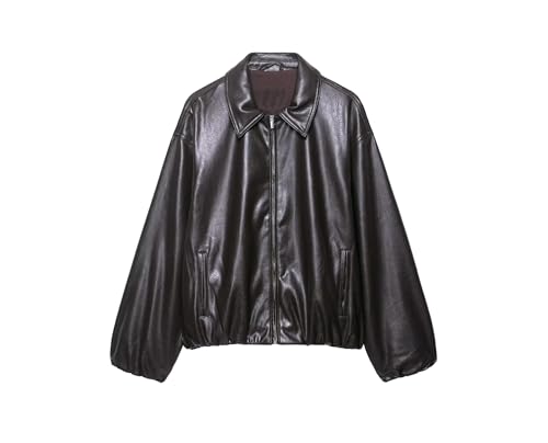 Women's Vintage Loose Turn-Down Collar Long Sleeve Leather Jacket