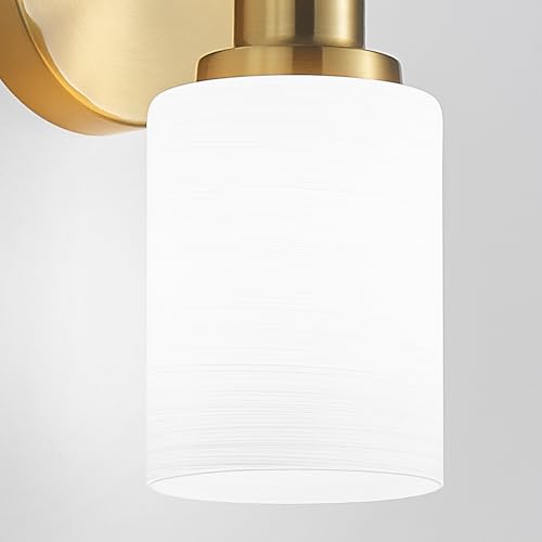 Image of 5-Light Vanity Lights, Brushed Gold Bathroom Light Fixture with Striped Textured Milky White Glass Shade, E26 Modern Vanity Lighting Fixture for Bathroom Wall Sconce Light Over Mirror
