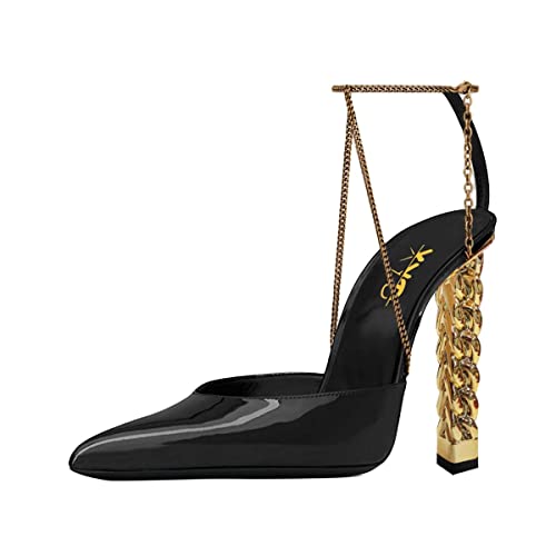 XYD Women Chic Pumps with Ankle Chain Strap Pointed Toe Patent Leather Block Metal Golden High Heels Cocktail Formal Party Sandals Shoes