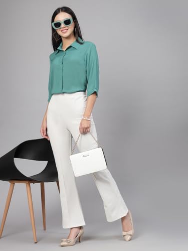 Image of Style Quotient Women Solid Aqua Green Polycrepe Formal Shirt