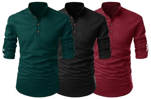 Image of FINIVO FASHION Combo of Men's Cotton Blend Solid Regular Fit Full Sleeve Straight Short Kurta Shirt, Casual and Formal Wear