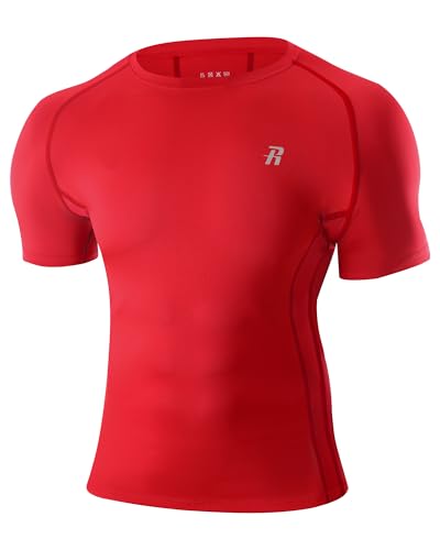 Runhit Men's Compression Base Layer Short Sleeve T Shirt, Breathable Running Tops, Crew Neck Quick Dry Base Layer Shirts for Gym Sports Fitness Cycling Red S