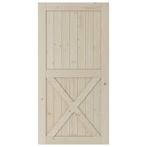 SmartStandard 42in x 84in Sliding Barn Wood Door Pre-Drilled Ready to Assemble, DIY Unfinished Solid Spruce Wood Panelled Slab, Interior Single Door Only, Natural, Single X-Frame (Fit 8FT Rail)