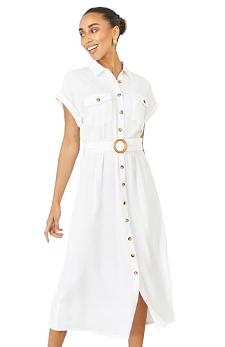 Image of Yumi White Viscose Linen Look Midi Shirt Dress with Wooden Belt (UK, Numeric, 10, Regular, Regular, 1, White)