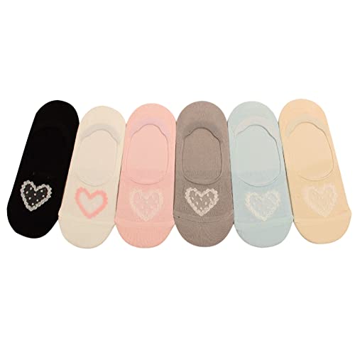 Wowfoot Women Lovely Heart Design No-Show Casual Liner Socks Character Print Non Slip Flat Boat Line 6 Pair #TOP1