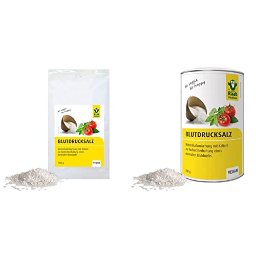 Raab Vitalfood LowNat Blutdruck Salz, vegan, Mineralsalzmischung mit Kalium zur Aufrechterhaltung von einem normalen Blutdruck(1 x 1 kg Beutel) & Raab Vitalfood LowNat Blutdruck Salz(1 x 200 g Dose)