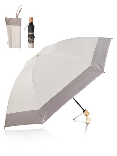 KIZAWA 日傘 折りたたみ 軽量 コンパクト uvカット 100 遮光 折り畳み 晴雨兼用 5級撥水 完全遮光 レディース 遮熱 おりたたみ傘 暑さ対策 風に強い 逆さ傘 逆折り 親骨55cm 親骨50cm バンブー持ち手 (【逆さ傘タイプ】親骨55cm, 【バイカラー】グレージュ×モカ)