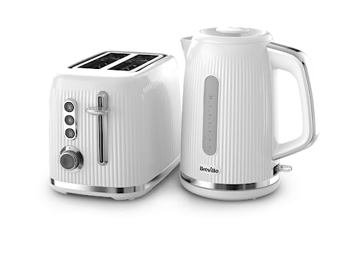 Breville White Kettle and Toaster Set with 1.7 Litre, 3KW Fast-Boil Electric Kettle and 2-Slice High-Lift Toaster White and Silver Chrome [VKT257 and VTR037]