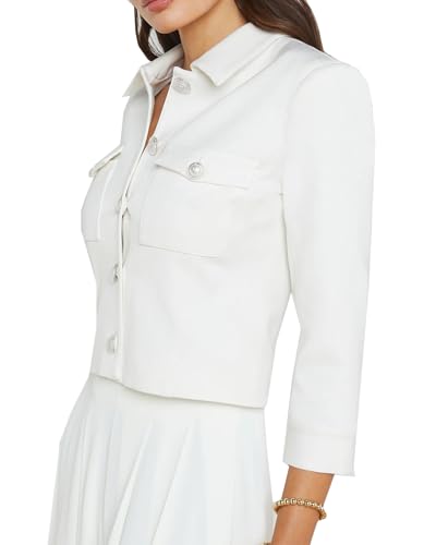 Cropped Fall Jacket for Women 3/4 Sleeve Open Front Casual Jacket Lightweight Button Down Outerwear with Pockets