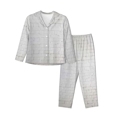 Pyjama manches longues femmes imprimé briques blanches ensemble de nuit 2 pièces décontracté