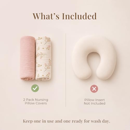 Image of Konssy 2-Pack Muslin Nursing Pillow Covers, Floral Soft Slipcover for Baby | Covers Only, 100% Cotton, Hidden Zipper, Washable, Breastfeeding Pillows Covers for Newborn Boys & Girls, (Pink, Floral)