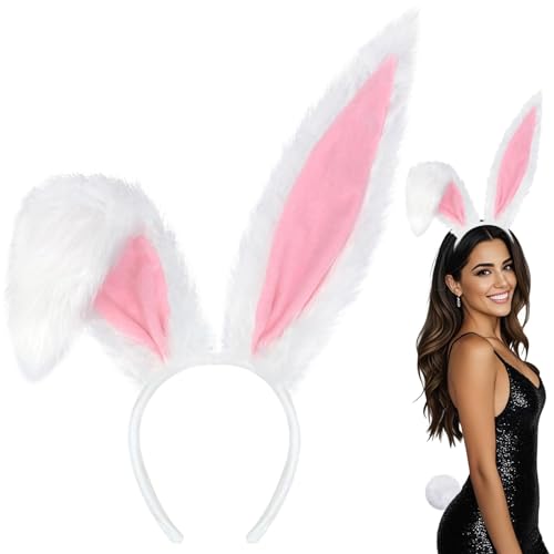 ASREJUR Cute Bunny Ears Cosplay Plush Bunny Ears Headband Soft and Fluffy White bunny ears Headband for Dress Up Accessories Headpiece Animal Theme Party Masquerade Easter Christmas