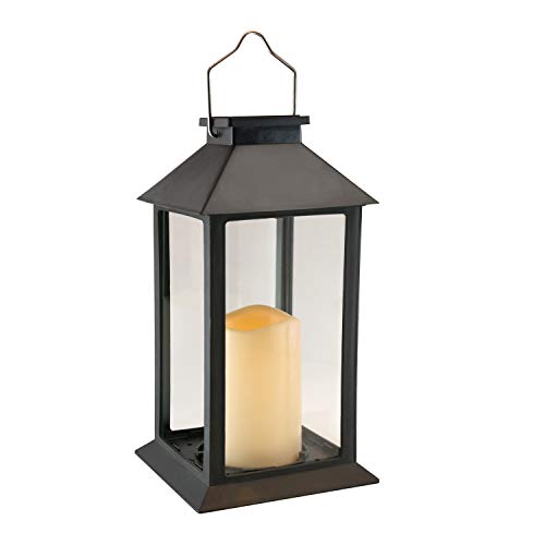 LumaBase Solar Powered Lantern with LED Candle, Traditional, Black, 11", 62401