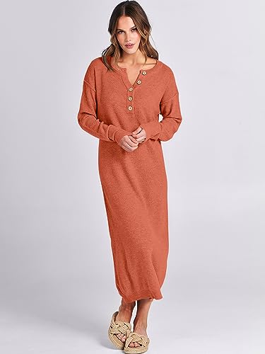 Image of ANRABESS Women Long Sleeve Button V Neck Oversized Casual Loose Fit Waffle Knit Fall Midi Sweater Dress 2026 Trendy Outfits