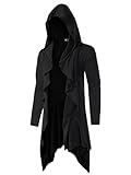 Runcati Mens Long Hooded Cardigan Ruffle Shawl Collar Open Front Long Sleeve Lightweight Drape Robe Black