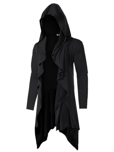 Runcati Mens Long Hooded Cardigan Ruffle Shawl Collar Open Front Long Sleeve Lightweight Drape Robe Black