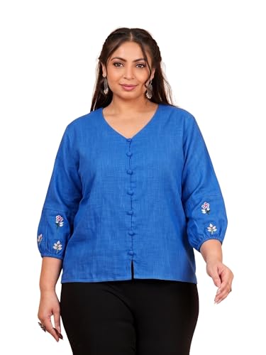 Image of Akiko Women's Plus Size Cotton Slub Fabric Top V-Neckline Embroidered Sleeves