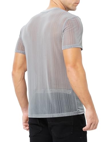 Arjen Kroos Camisetas masculinas sexy transparentes transparentes de renda, Cinza, GG
