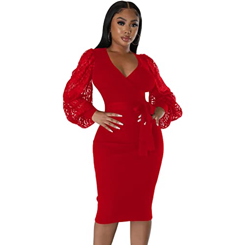 Image of BOGURST Semi Formal Church Dresses for Women Bishop Sleeve Sexy V Neck Bodycon Midi Dresses