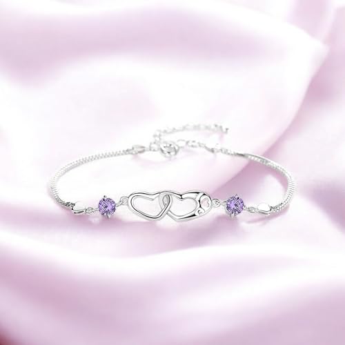 Image of Nilu's Collection Double Heart Shape Cubic Zirconia Charm Bracelet, Love Bracelet for Women and Girls, Valentine's Day Gift