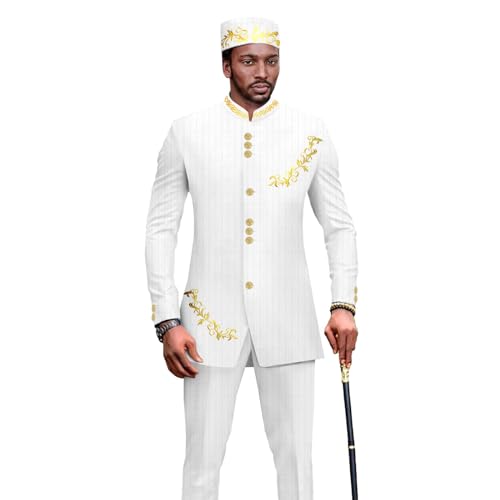 African Suit for Men Single Breasted Embroidery Blazer Pants and Hat Set Formal Outfits