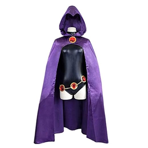PUYYDS Teen Titans Super Hero Raven Cosplay Disfraz Mujer Negro Mono púrpura con Capucha Capa Monos Halloween Fiesta Disfraz