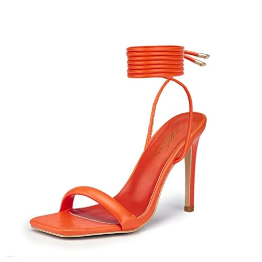 Mhuire Women's Stiletto Lace up Heels Square Toe Strappy Heels Sandals Open Toe Party Wedding Shoes Orange Size 9