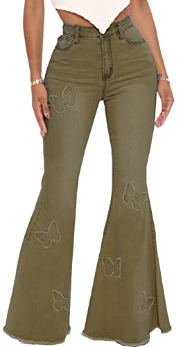 Army Green Bell Bottom Butterfly Jeans for Women Sexy Elastic High Waist Raw Hem Classic Flared Long Pants Jeans,2576Army Green_XXX-Large