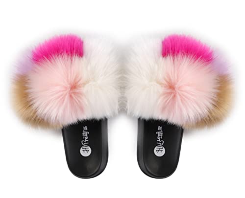 Image of Women's Faux Fur Slides, Open Toe Cute Fur Slippers, Indoor or Outdoor Comfortable Furry Slide Sandals With Fluffy Fur