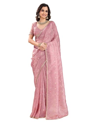 Image of AKHILAM Women's Organza Embroidered Sequins Work Saree With Unstitched Blouse Piece (RANI2501 RN Parent)