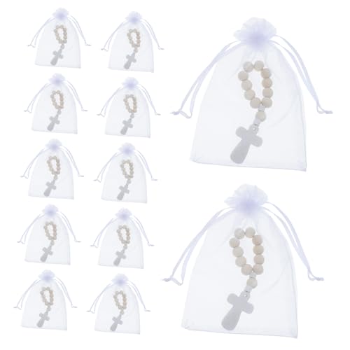 Lot de 40 bracelets chapelet en matière naturelle avec sacs en tulle pour baptême