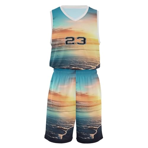 FLildon Sunset Beach Boys Basketball Jersey Set Tank Top Shorts Tracksuit Sport Training Suit for Kids, XL