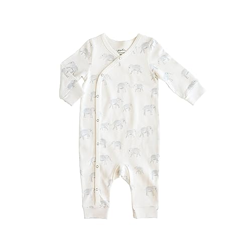 PEHR Kimono Romper Follow Me Elephant | 100% Organic Cotton Baby Outfit | Easy-Wrap Style with Snap Closures | Sizes 0-3 Months