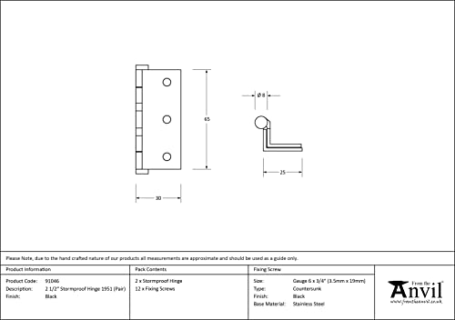 Black 2½" Stormproof Hinge 1951 (Pair), Height: 63mm Leaf Width: 25mm Thickness: 2mm - Image 2