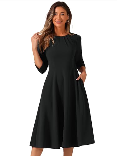 Image of Allegra K Elegant Work Dress for Women's 3 /4 Sleeve Round Neck Pockets Vintage A-Line Swing Midi Dress