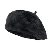 ililily Solid Color Angora French Beret Furry Artist Flat Winter Hat (as1, Alpha, s, Black Fur)